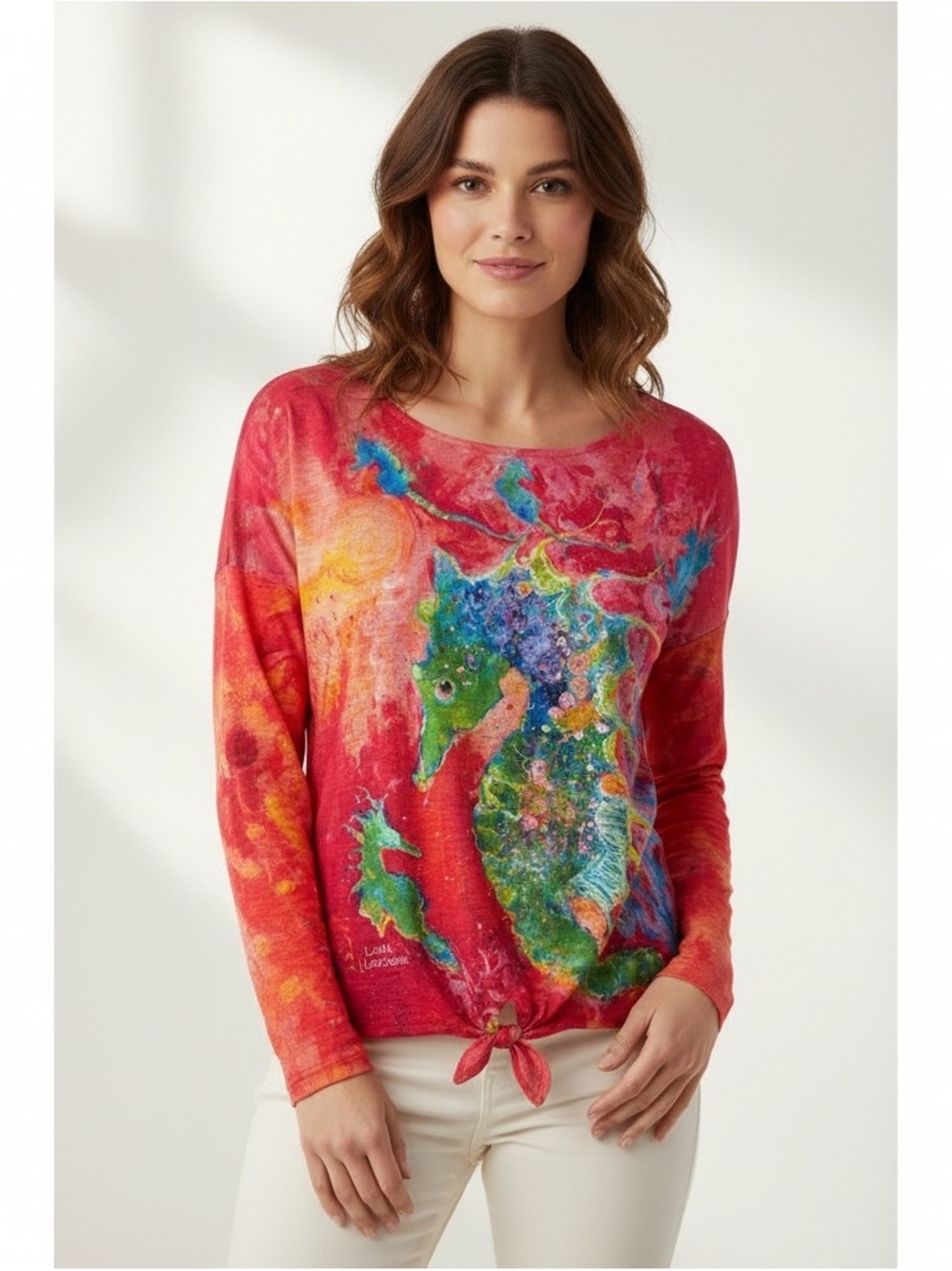 🩷 Leoma Lovegrove Women Vibrant Long Sleeve Artsy Seahorse Print Top Size Large